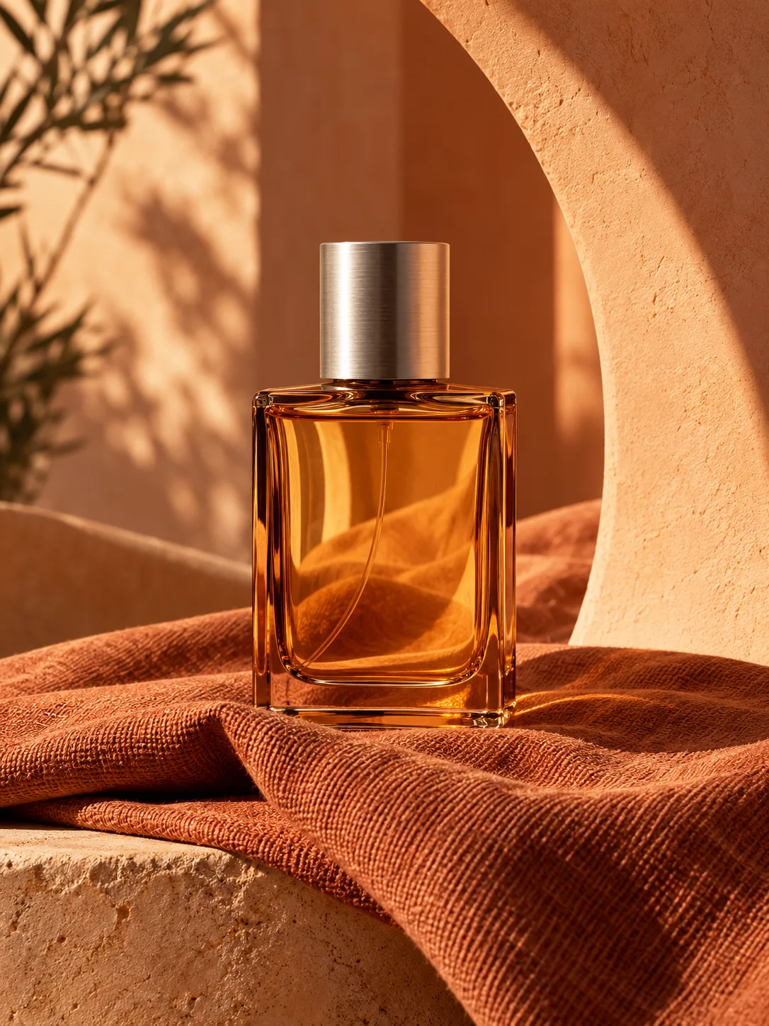 Generated amber glass product campaign in a sunlit terracotta studio