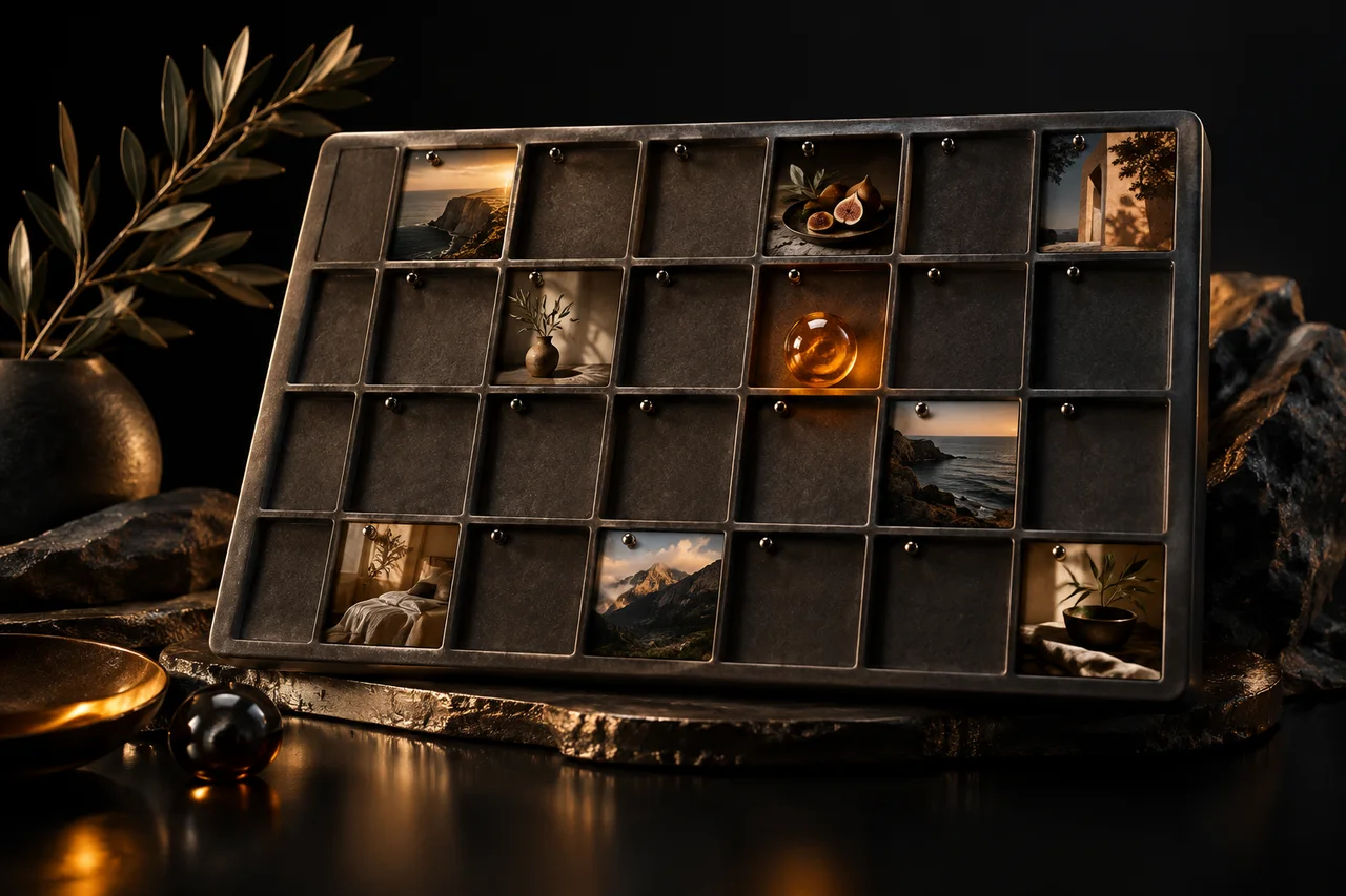 An elegant sculptural monthly grid built of shallow graphite compartments, several compartments hold miniature campaign photographs and one amber glass bead marks the next release