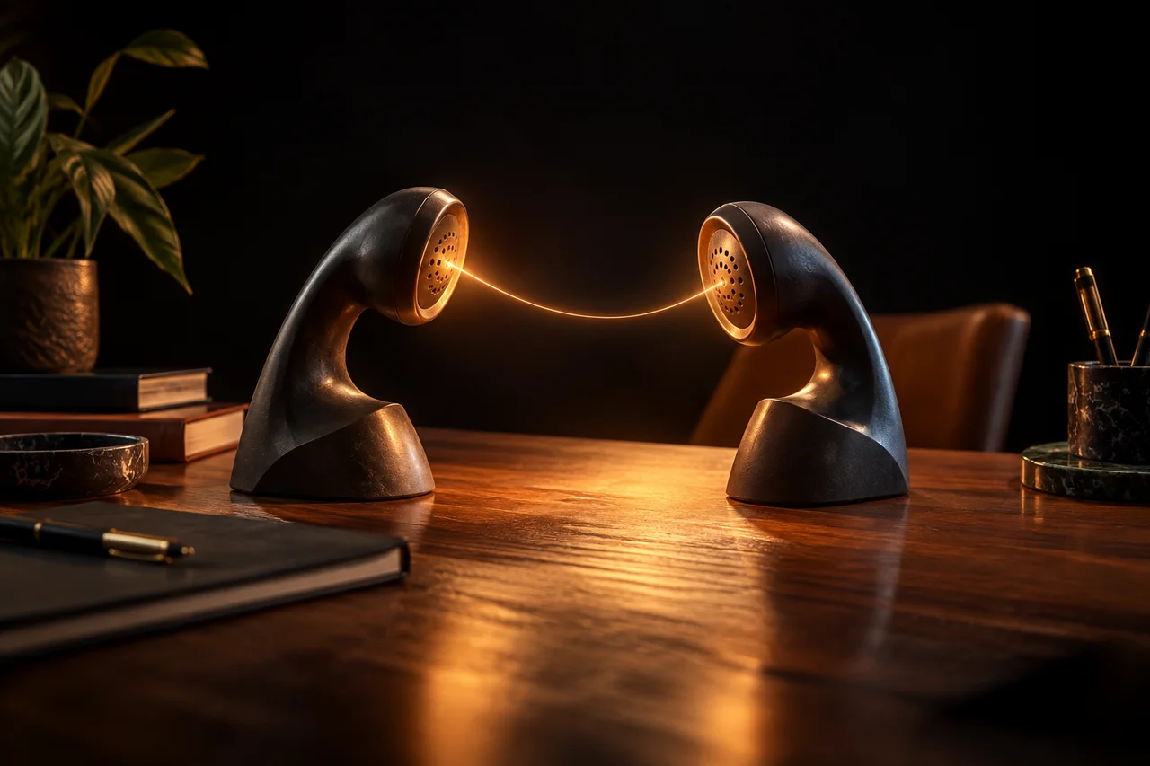 Photoreal editorial still life of two sculptural graphite communication handsets facing one another across a warm oak desk, copper light bridges the small gap
