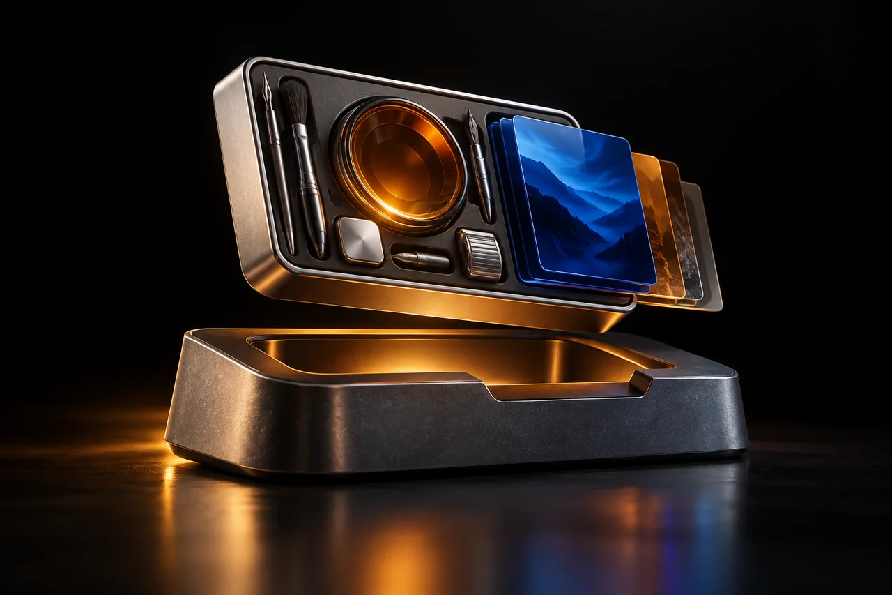 A polished silver creative toolkit descending neatly into an open graphite desktop dock, amber lens and cobalt media slide inside