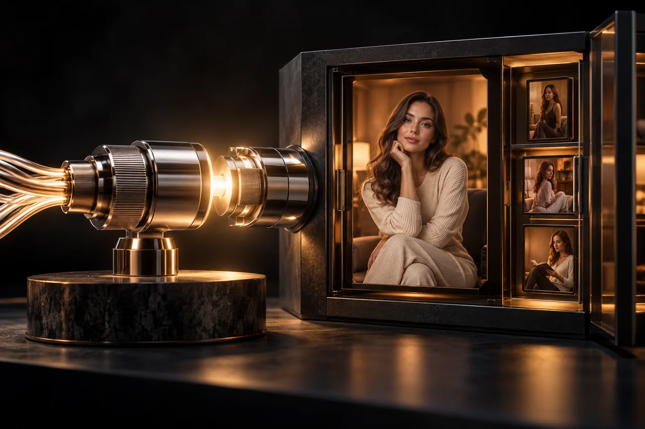 A polished silver publishing coupling leading into a fictional adult fully clothed lifestyle creator in a warm high-end studio portrait displayed in a private graphite media cabinet
