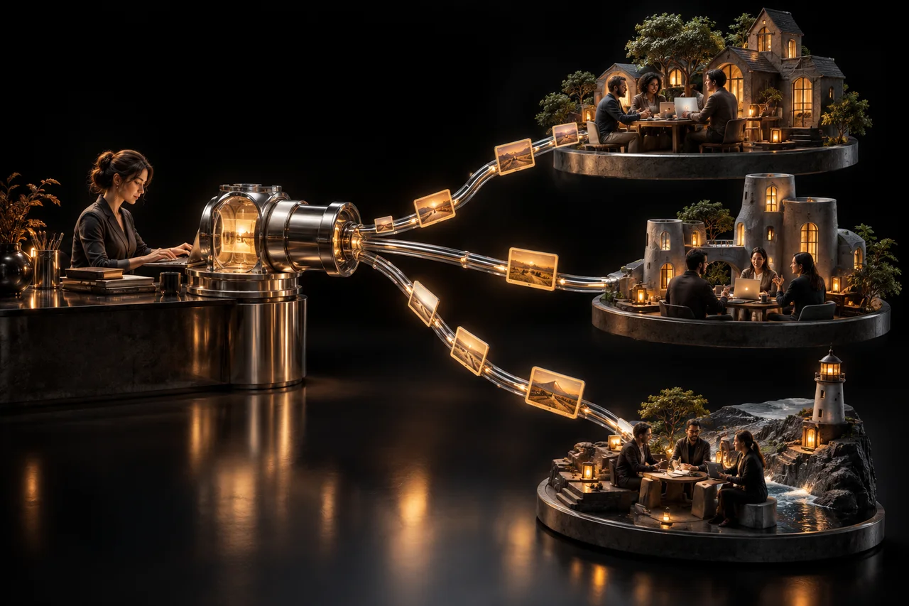 A polished silver publishing coupling leading into three independent graphite community hubs joined by a refined chrome network with small amber messages