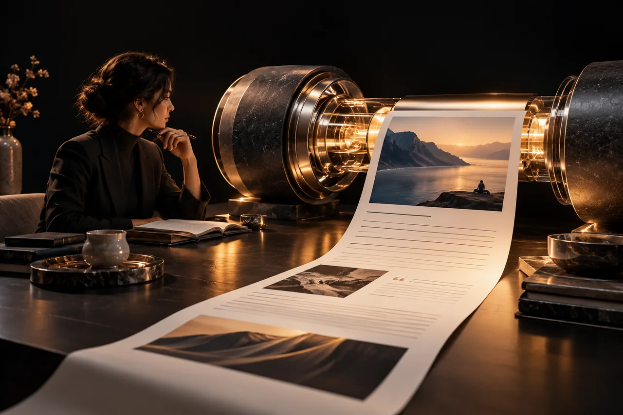 A polished silver publishing coupling leading into an unmarked long-form editorial sheet with beautiful typography-like abstract lines and a cinematic photographic header, no legible text