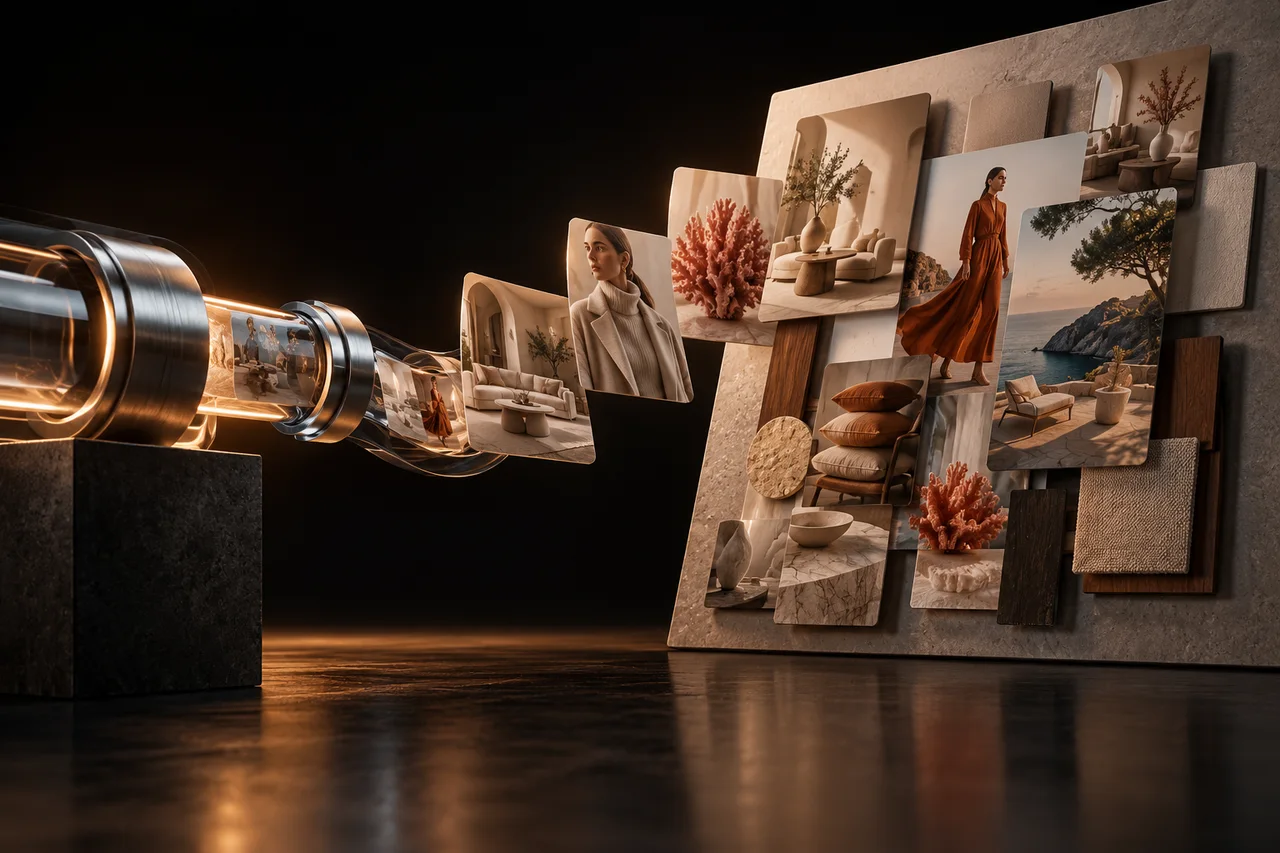 A polished silver publishing coupling leading into a tactile unmarked inspiration board of interiors, fashion and coral product photographs