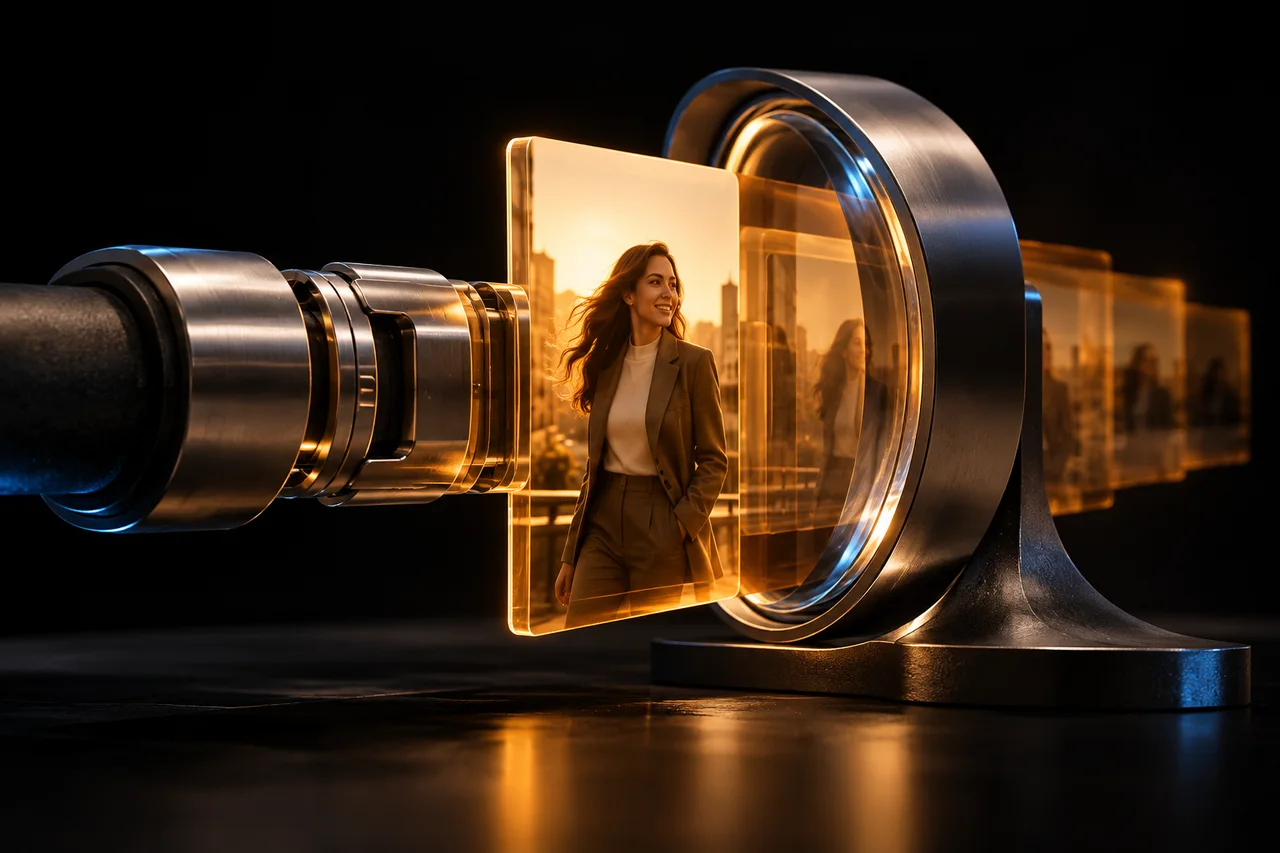A polished silver publishing coupling leading into a transient amber portrait-format photographic frame passing through a curved silver lens