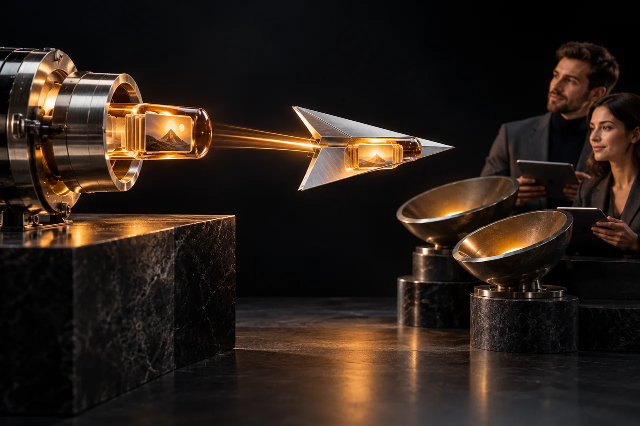 A polished silver publishing coupling leading into a folded silver messenger plane carries a small amber content capsule towards two graphite receivers