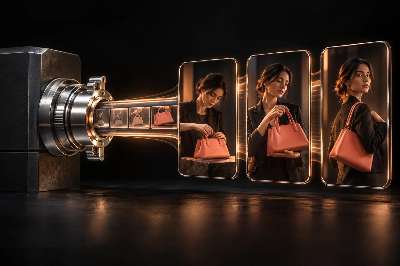 A polished silver publishing coupling leading into three portrait-format motion frames showing a coral product shoot in progressive poses