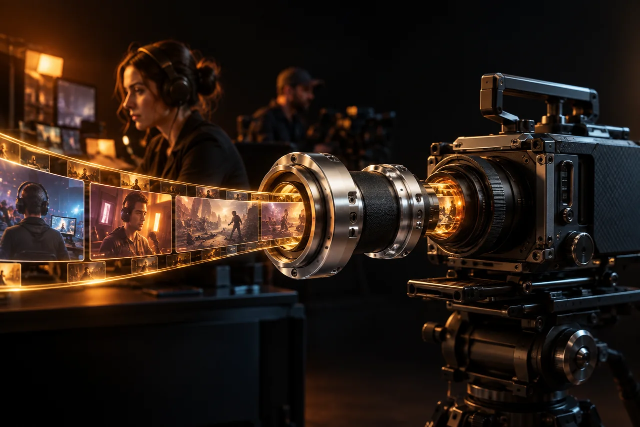 A polished silver publishing coupling leading into a cinema camera with a small illuminated silver live transmission lens and amber media frame