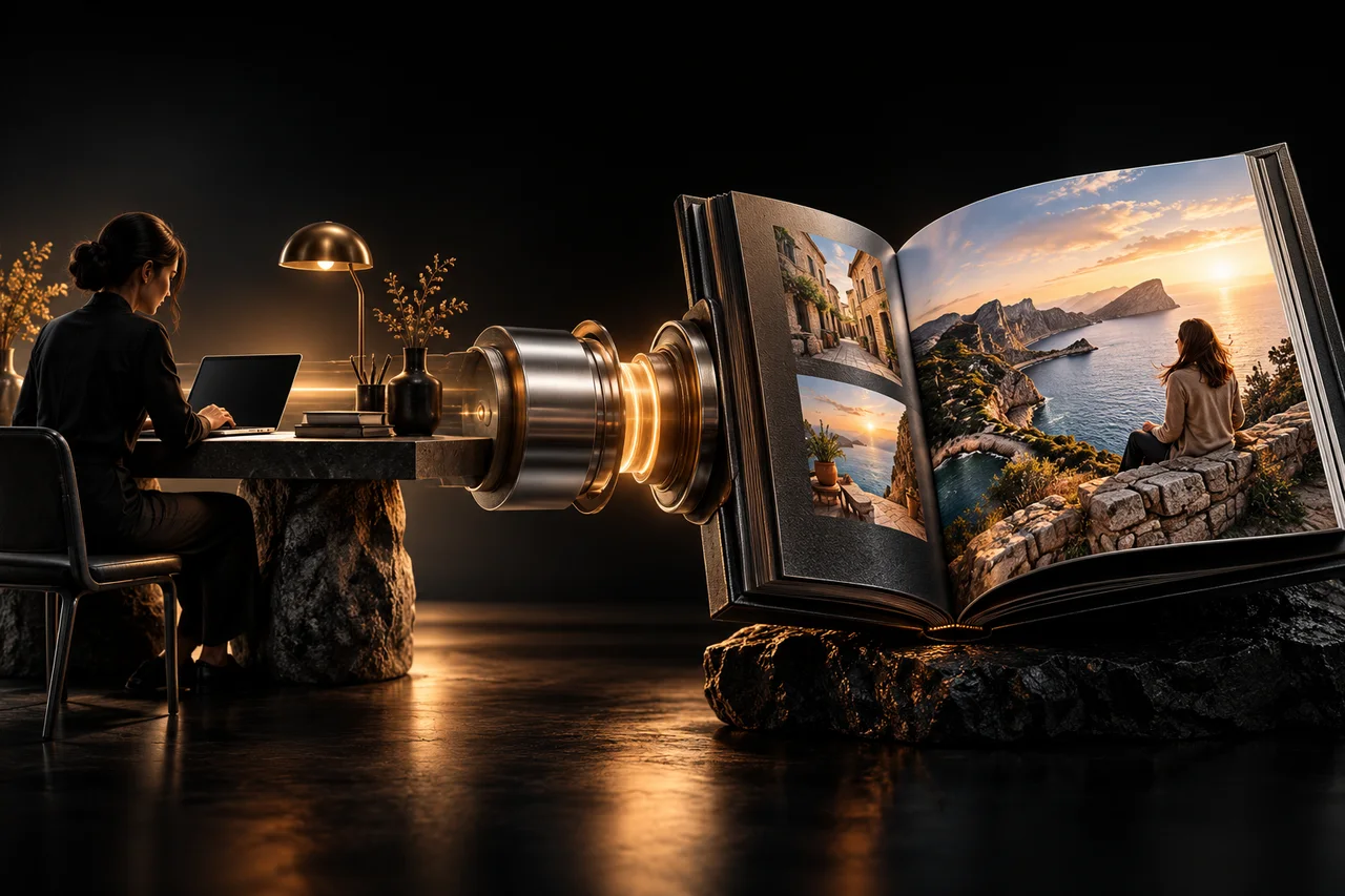 A polished silver publishing coupling leading into an unmarked dark editorial book opening into an elegant wide photographic cover