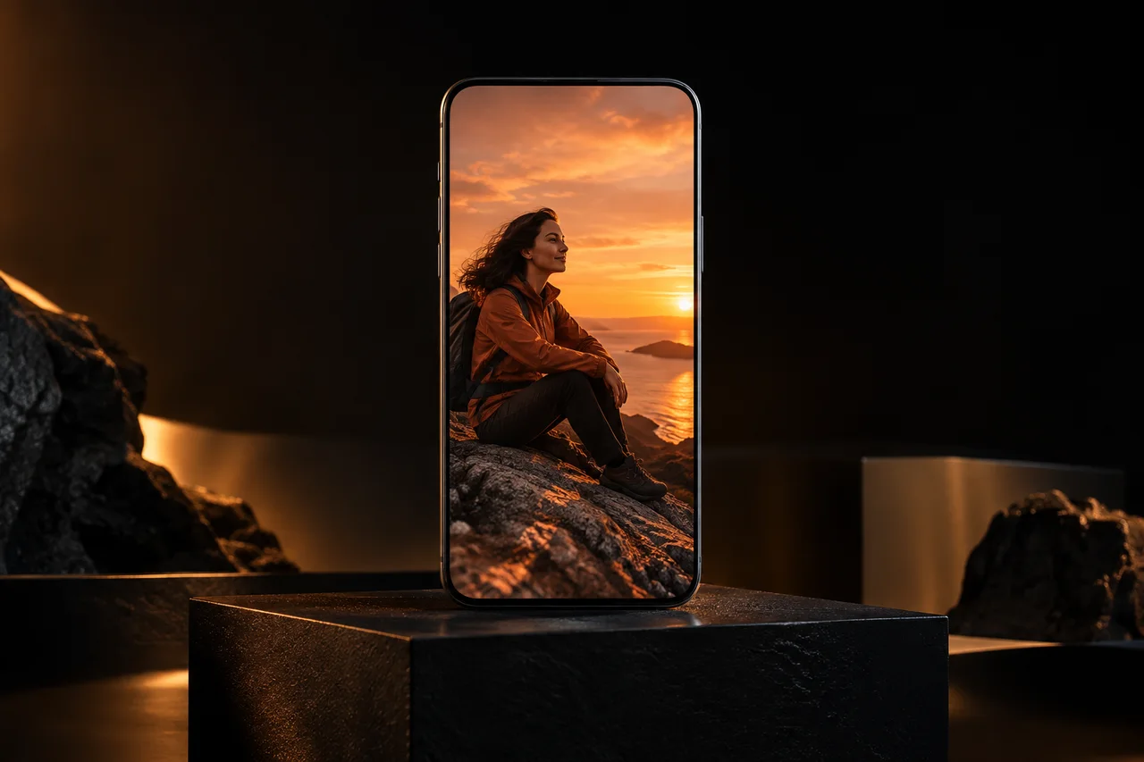 Photoreal unmarked graphite smartphone standing on a black plinth, its screen contains a single full-bleed coral campaign photograph, no interface text or icons