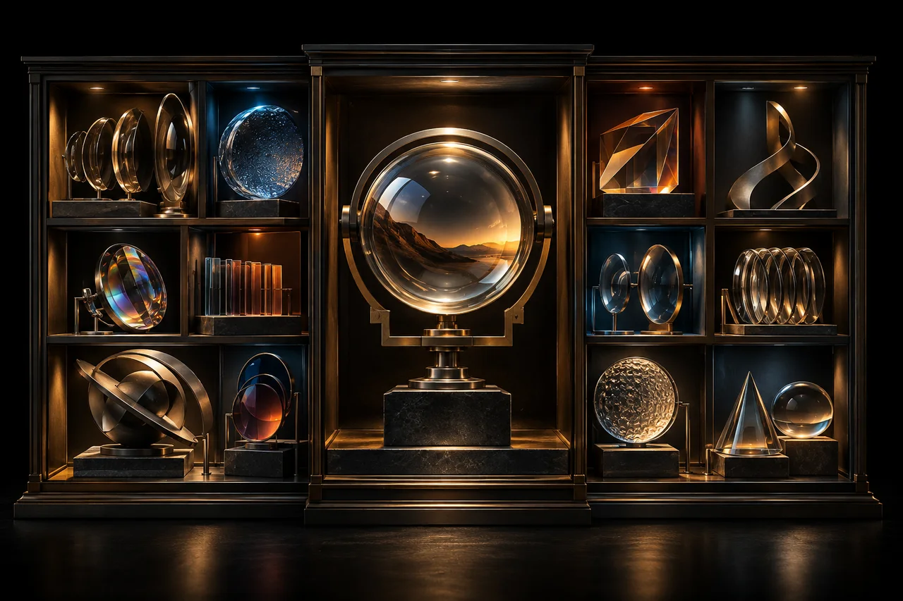 A curated museum cabinet of distinct optical glass lenses and sculptural metallic creative tools, each chamber has its own restrained lighting and material
