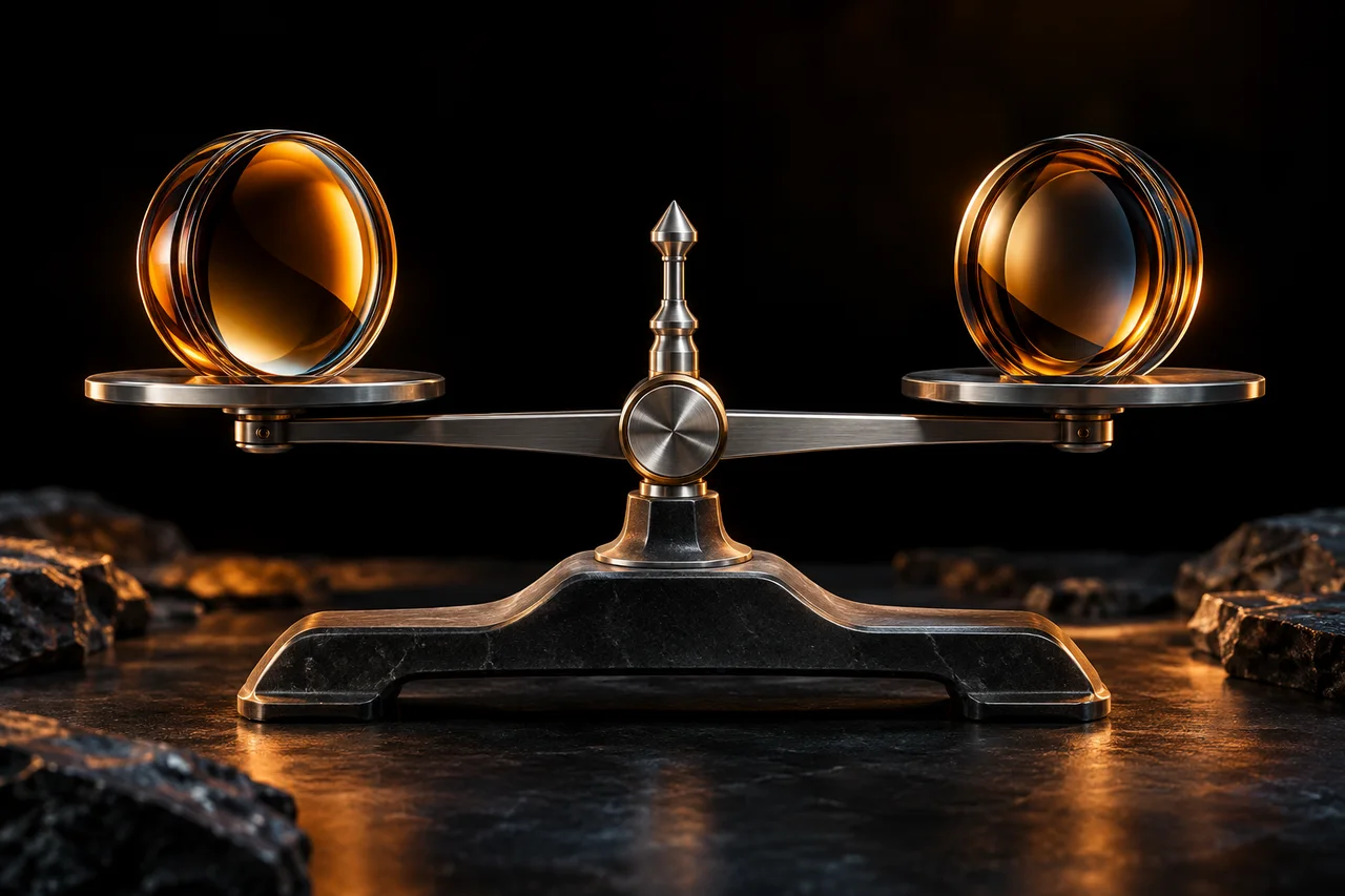 A balanced brushed-metal measuring beam comparing two subtly different amber glass lenses on a dark background, fair comparison without a winner badge