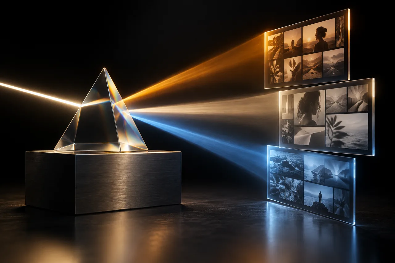 A glass prism illuminating photographic contact sheets with distinct signals