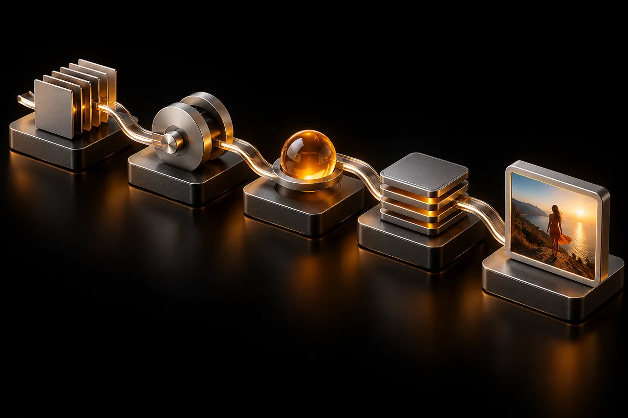Connected silver modules carrying a creative brief through a production workflow